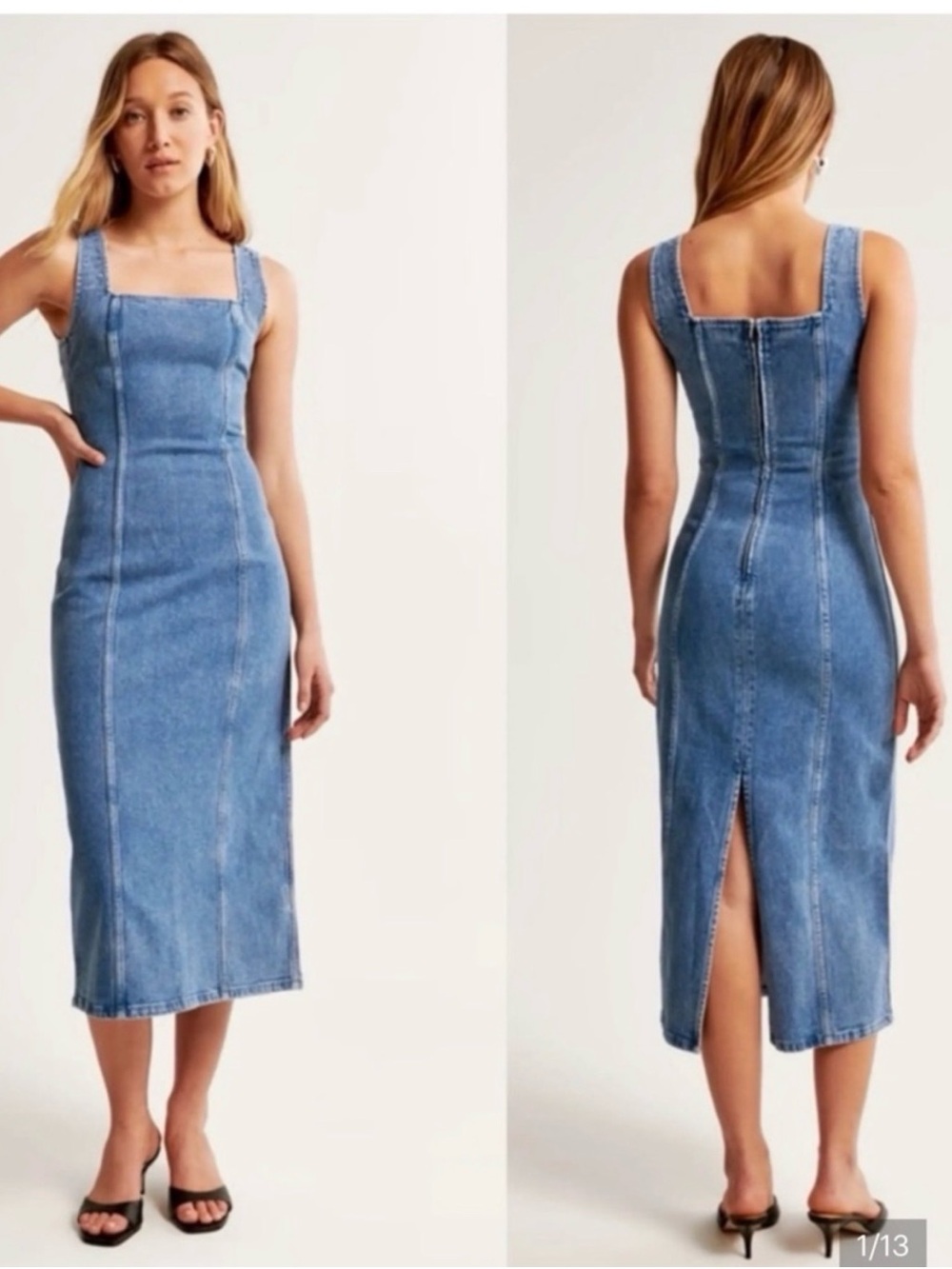 Abercrombie Denim Square-Neck Midi Dress in Light Blue